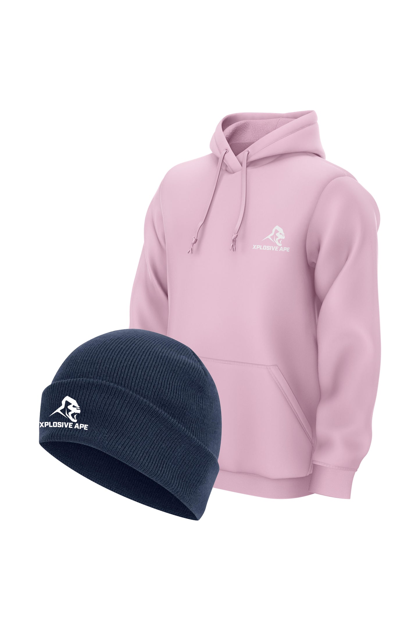 XAPE Classic String Hoodie & Prime Beanie - Light Pink/Navy