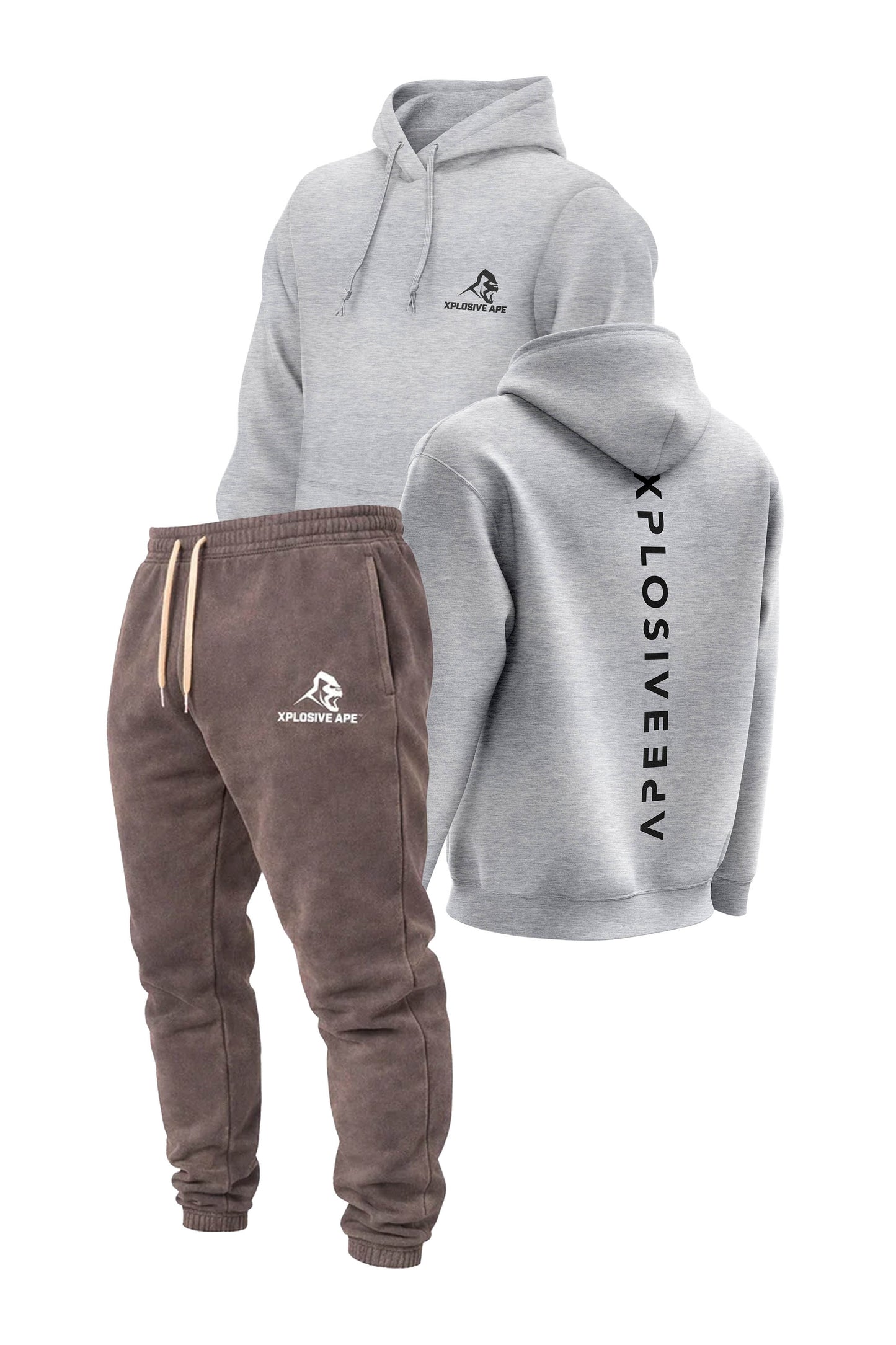 XAPE Futuristic V2 String Hoodie & Vintage Wash Joggers - Sports Grey/Brown