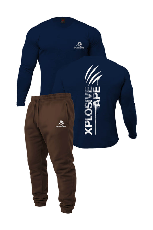 XAPE Claw Long Sleeve Tee & Prime Logo V2 Joggers Combo - Navy/Dark Brown