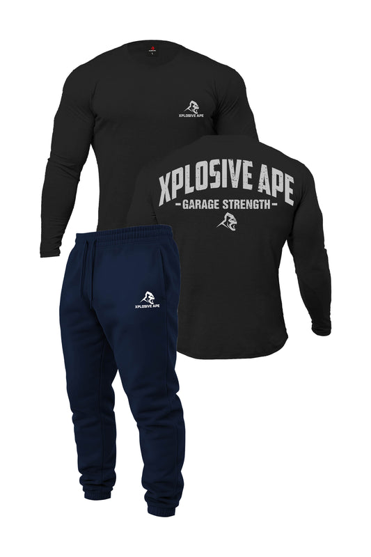 XAPE Garage Strength Long Sleeve Tee & Prime Logo V2 Joggers Combo - Black/Navy