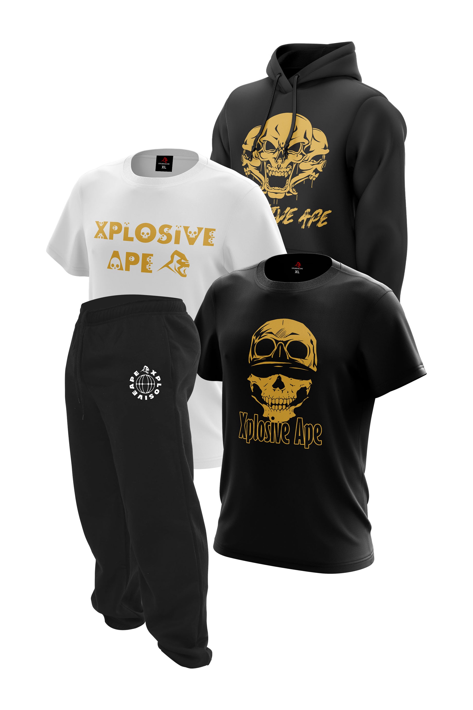 XAPE Golden Skulls Hoodie Tees & Joggers Combo - Black