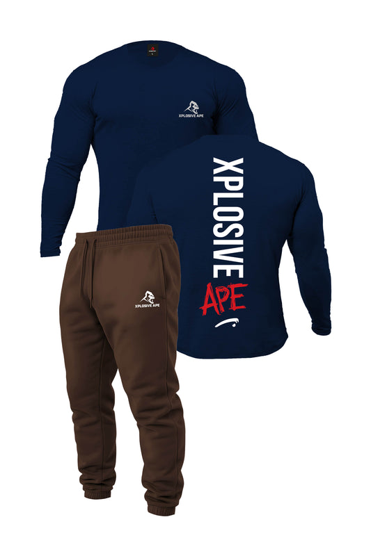 XAPE Graffiti Long Sleeve Tee & Prime Logo V2 Joggers Combo - Navy/Dark Brown