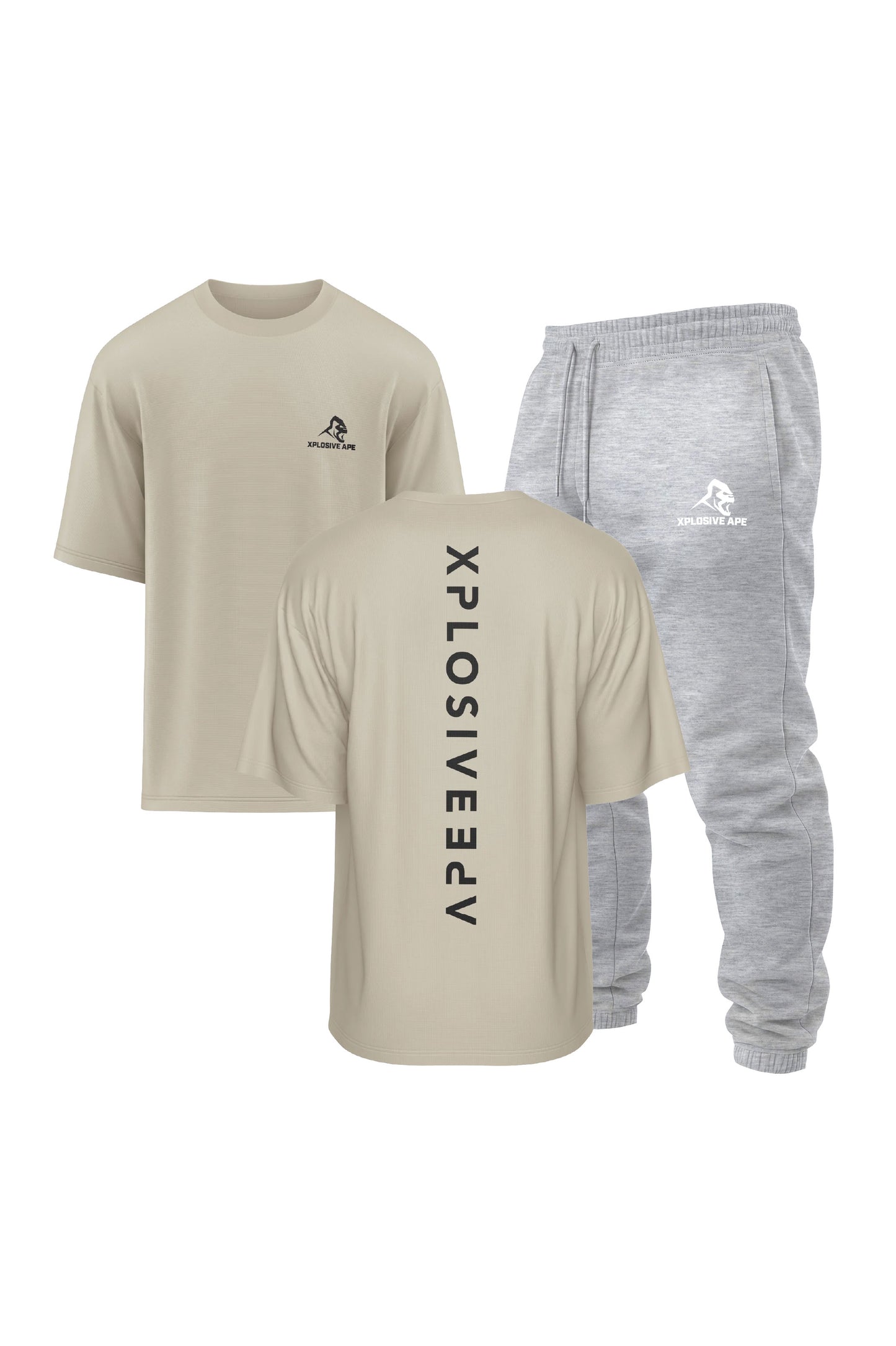 XAPE Futuristic V2 Oversized Tee & Classic Logo Joggers Combo - Sand/Ash Grey