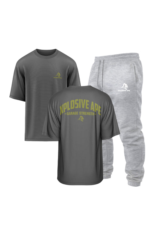 XAPE Garage Strength V2 Oversized Tee & Classic Logo Joggers Combo - Charcoal/Ash Grey