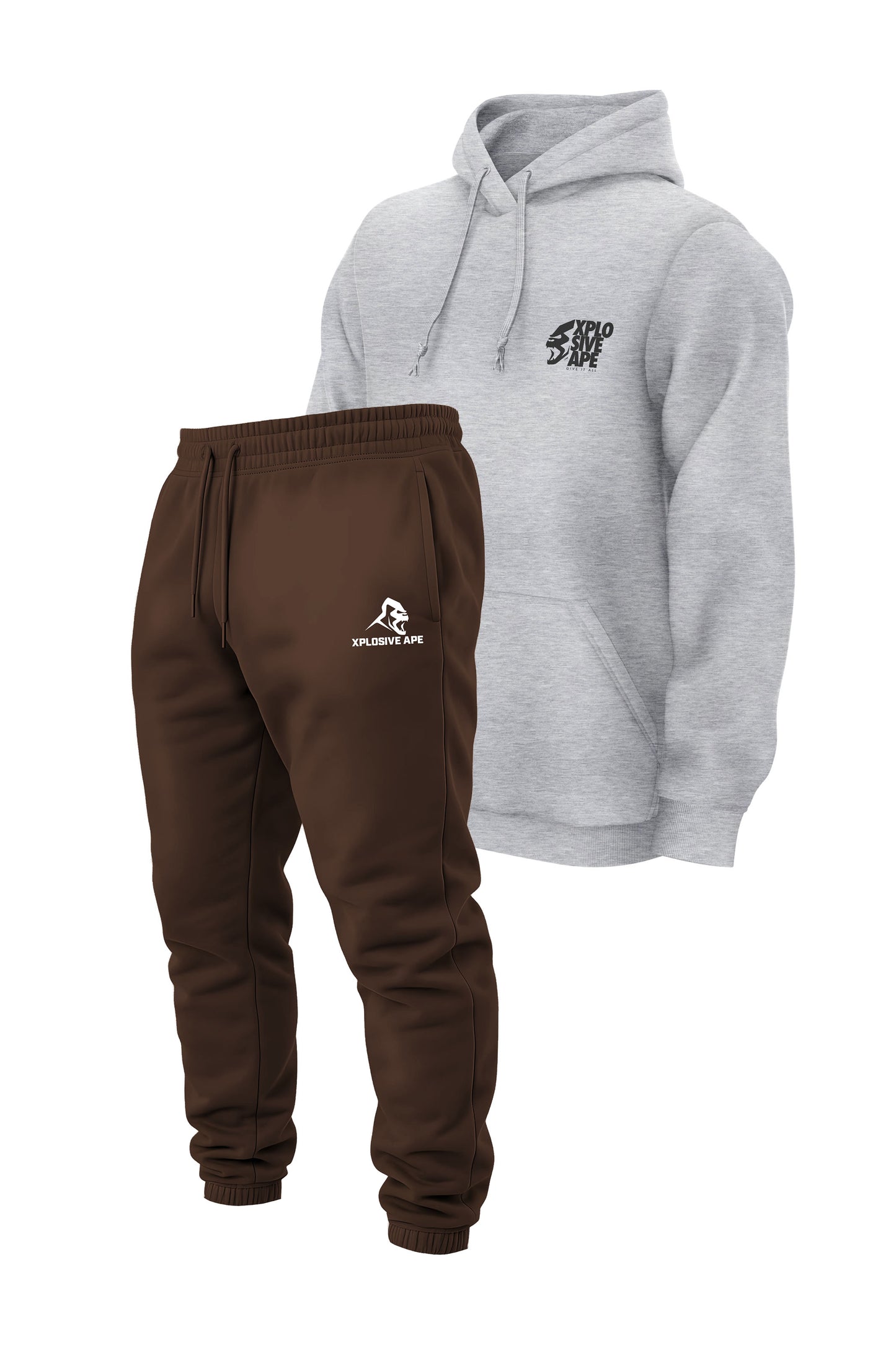 XAPE Ultimate Ape V2 String Hoodie & Prime Logo V2 Joggers Combo - Heather Grey/Dark Brown