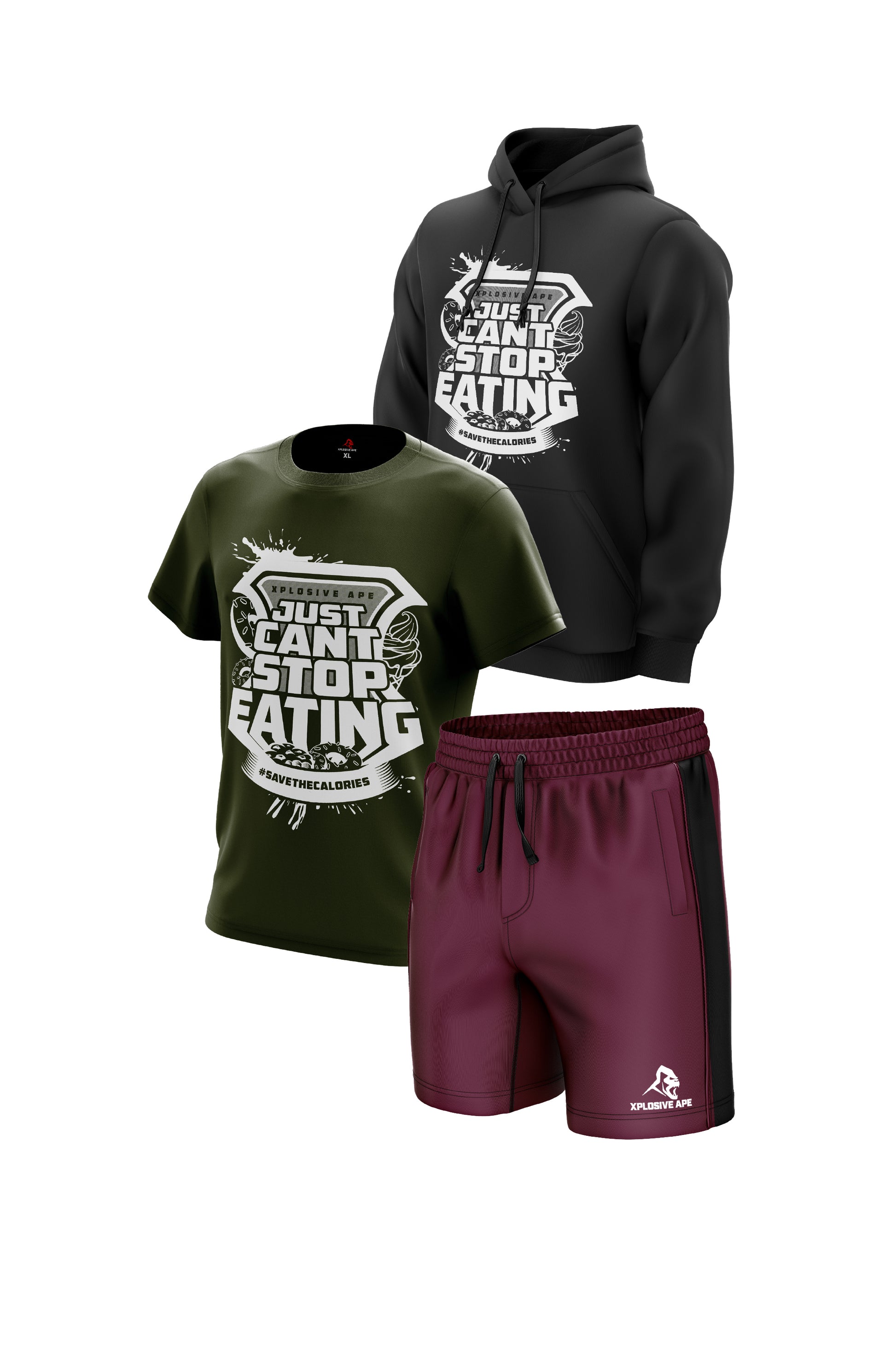 XAPE Just Can't Stop Eating Hoodie Tee & Shorts Combo - Black/Maroon