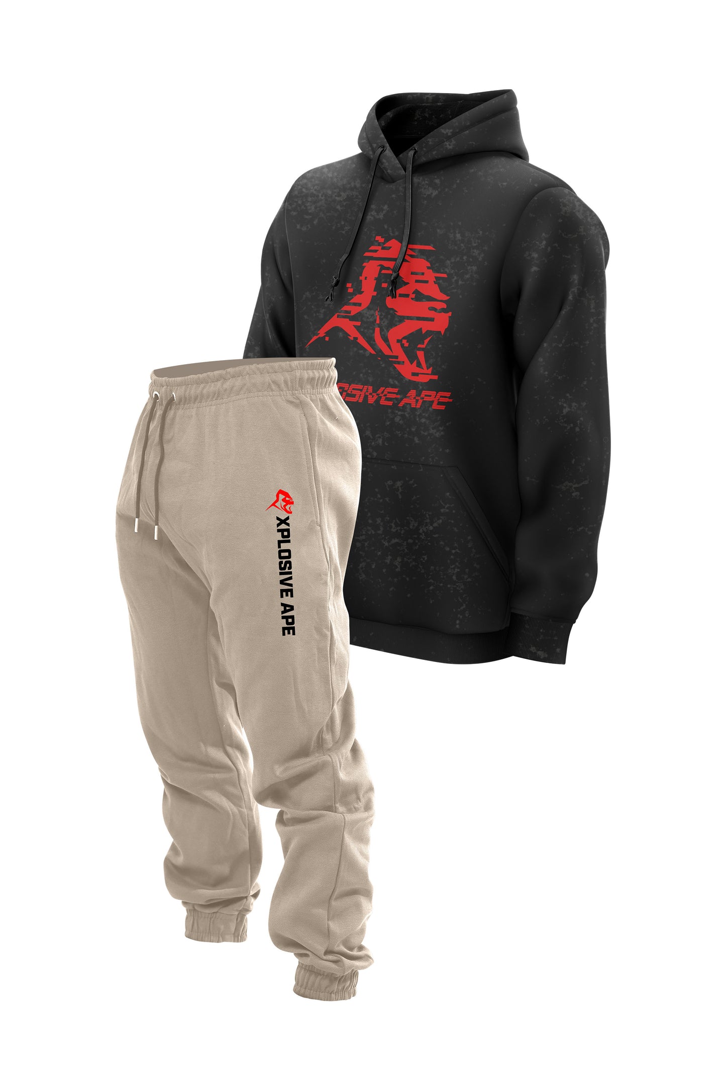 XAPE Glitch Acid Wash Hoodie & Originals Joggers Combo - Black/Sand